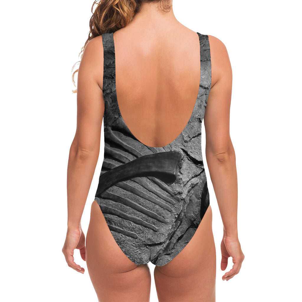 Monochrome Dinosaur Fossil Print One Piece Swimsuit