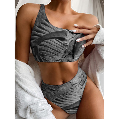 Monochrome Dinosaur Fossil Print One Shoulder Bikini Top