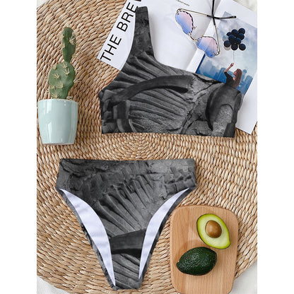 Monochrome Dinosaur Fossil Print One Shoulder Bikini Top