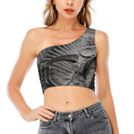 Monochrome Dinosaur Fossil Print One Shoulder Crop Top