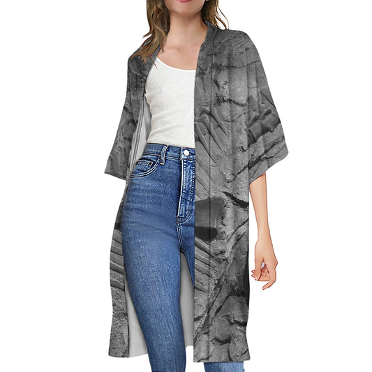 Monochrome Dinosaur Fossil Print Open Front Beach Cover Up