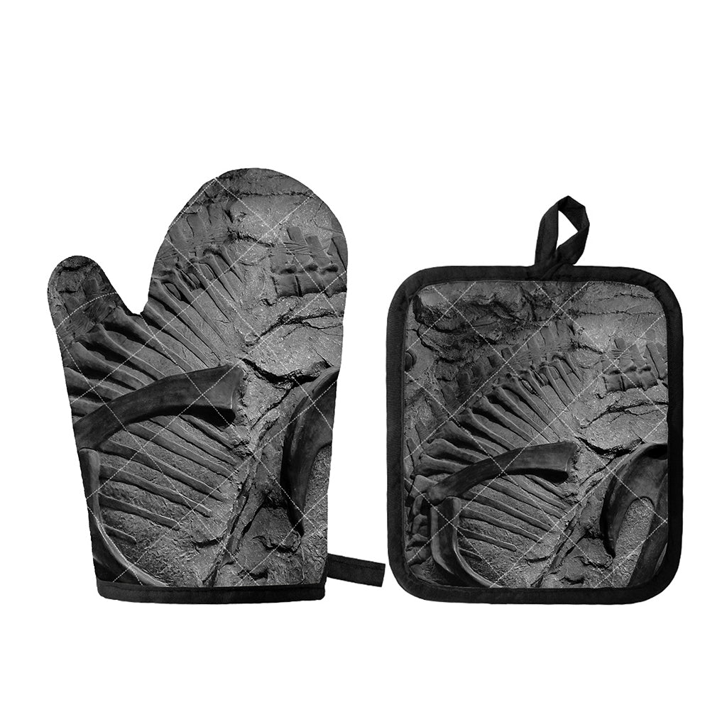 Monochrome Dinosaur Fossil Print Oven Mitt And Pot Holder Set