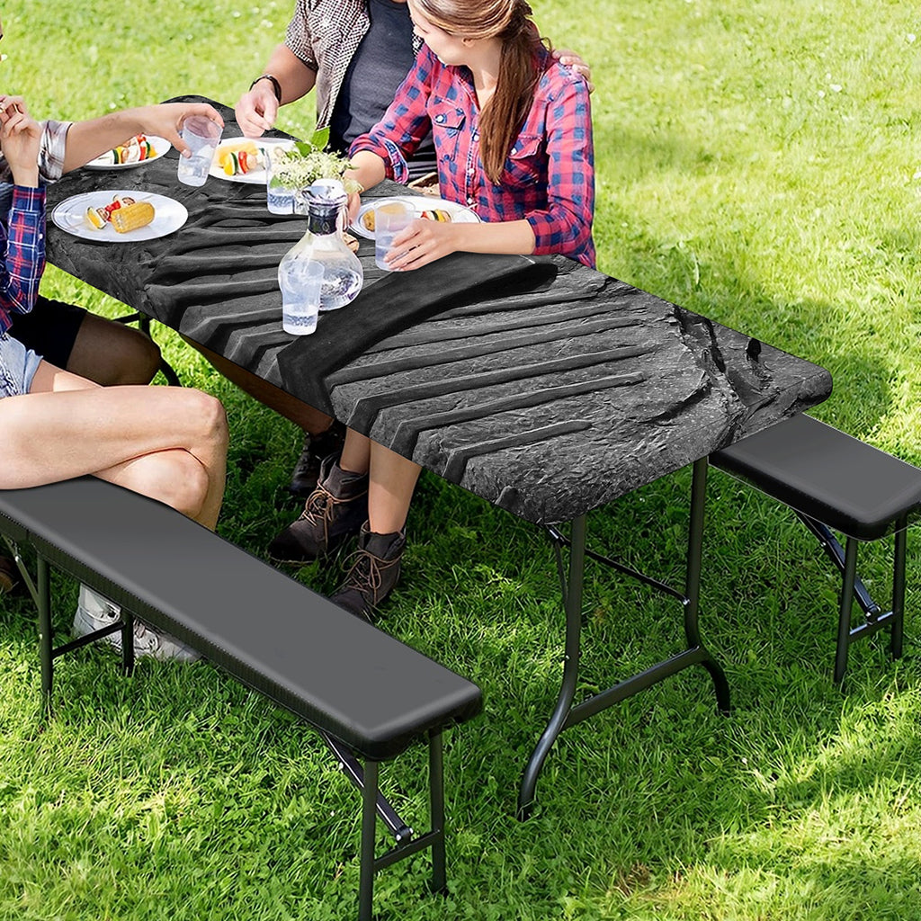 Monochrome Dinosaur Fossil Print Picnic Table Cover