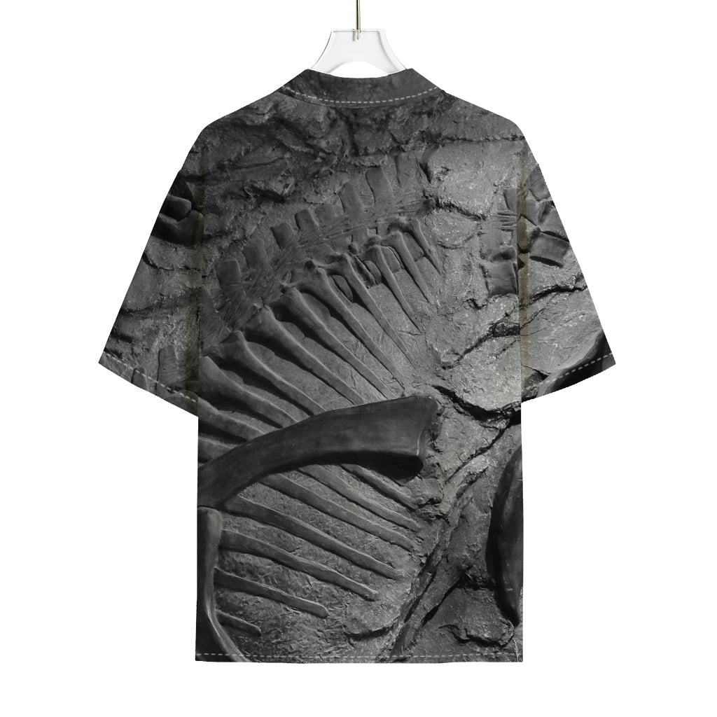 Monochrome Dinosaur Fossil Print Rayon Hawaiian Shirt