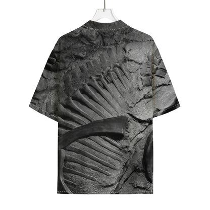 Monochrome Dinosaur Fossil Print Rayon Hawaiian Shirt