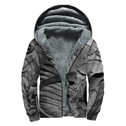 Monochrome Dinosaur Fossil Print Sherpa Lined Zip Up Hoodie