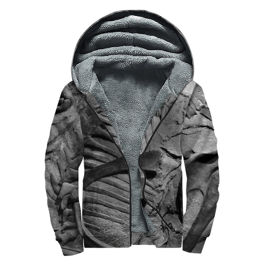 Monochrome Dinosaur Fossil Print Sherpa Lined Zip Up Hoodie