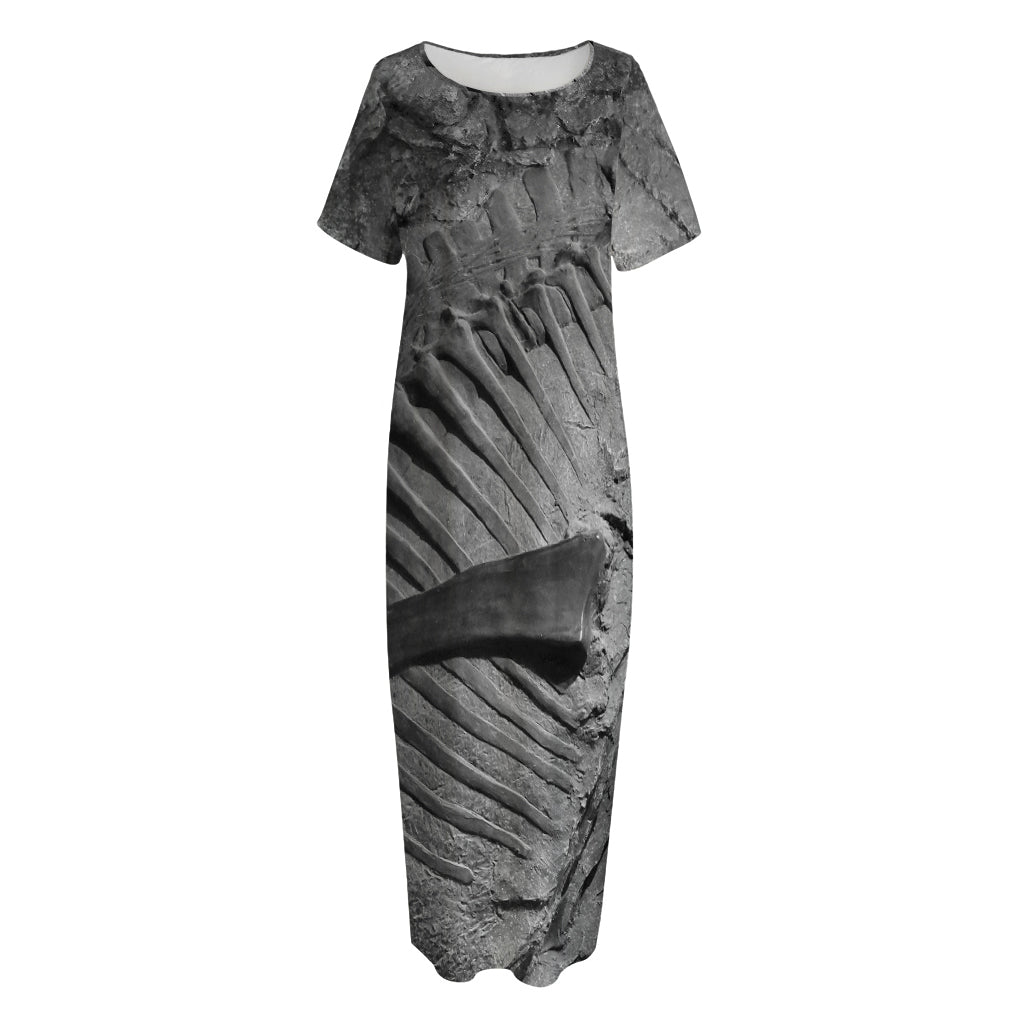 Monochrome Dinosaur Fossil Print Short Sleeve Long Nightdress