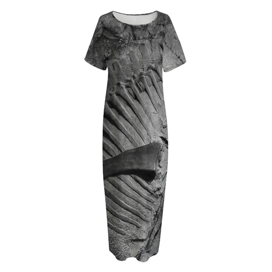 Monochrome Dinosaur Fossil Print Short Sleeve Long Nightdress