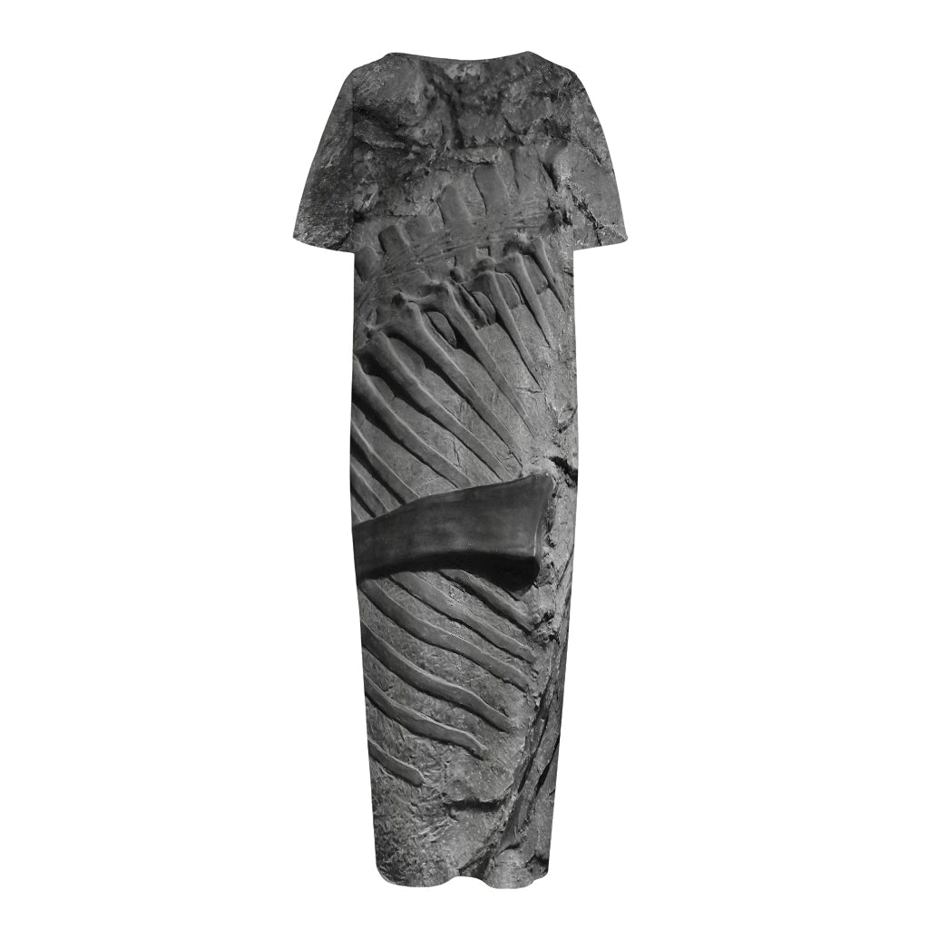 Monochrome Dinosaur Fossil Print Short Sleeve Long Nightdress