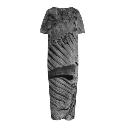 Monochrome Dinosaur Fossil Print Short Sleeve Long Nightdress