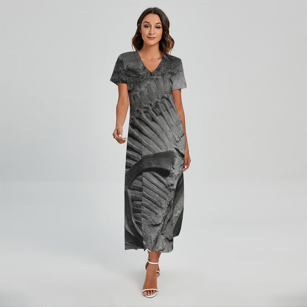 Monochrome Dinosaur Fossil Print Short Sleeve Maxi Dress