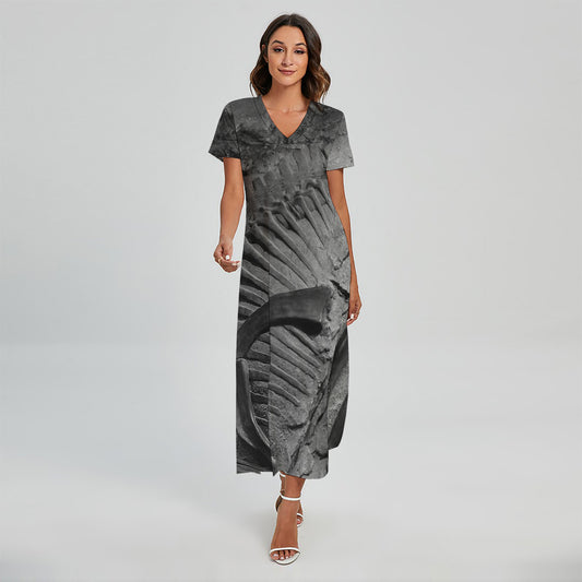 Monochrome Dinosaur Fossil Print Short Sleeve Maxi Dress