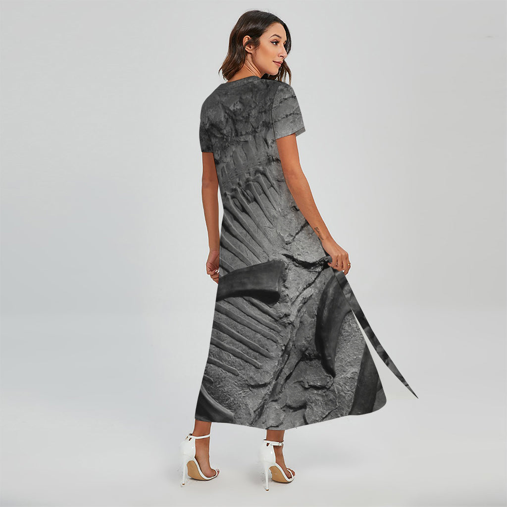 Monochrome Dinosaur Fossil Print Short Sleeve Maxi Dress