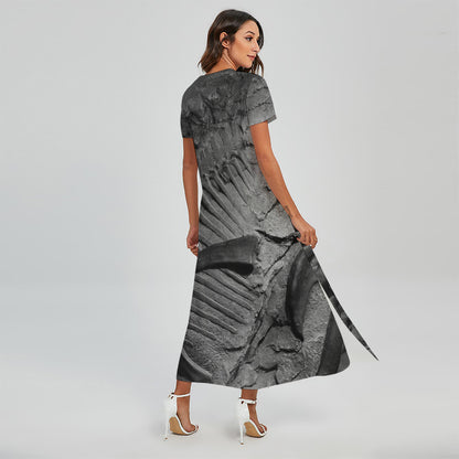 Monochrome Dinosaur Fossil Print Short Sleeve Maxi Dress