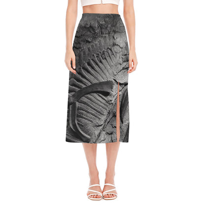 Monochrome Dinosaur Fossil Print Side Slit Midi Skirt