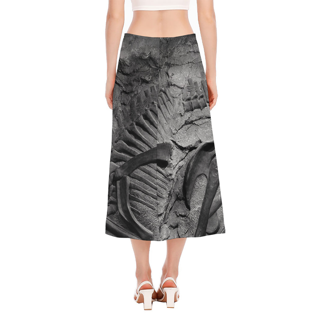 Monochrome Dinosaur Fossil Print Side Slit Midi Skirt