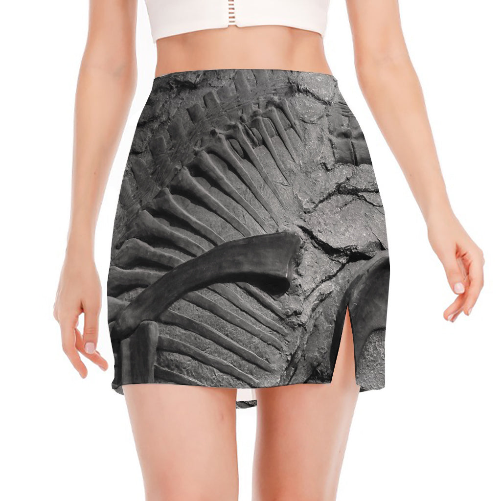 Monochrome Dinosaur Fossil Print Side Slit Mini Skirt