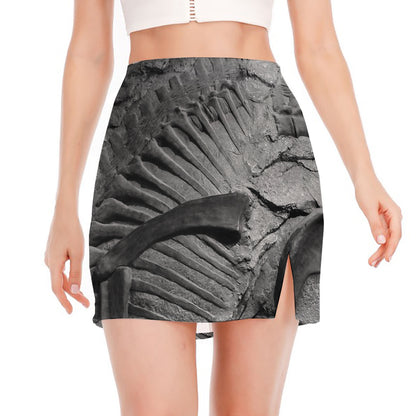 Monochrome Dinosaur Fossil Print Side Slit Mini Skirt
