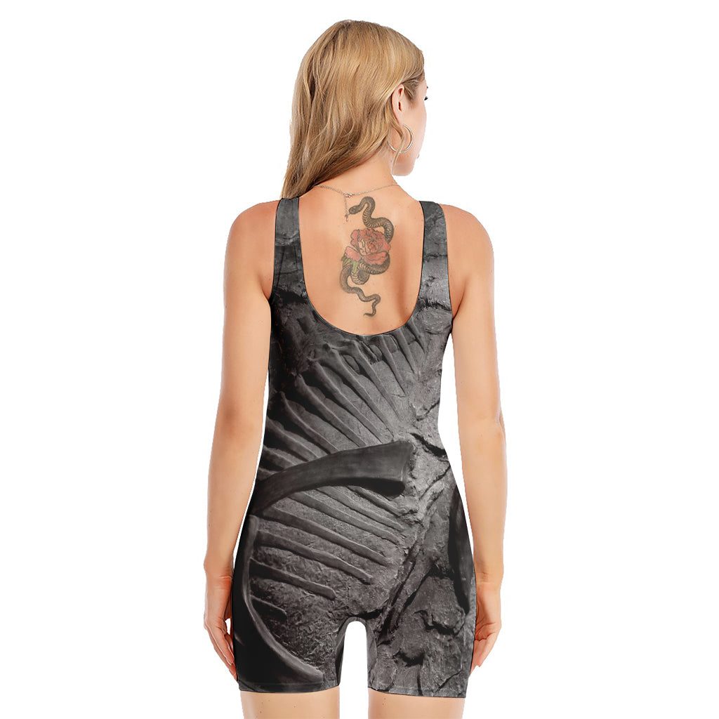Monochrome Dinosaur Fossil Print Sleeveless One Piece Swimsuit