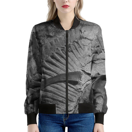 Monochrome Dinosaur Fossil Print Women's Bomber Jacket