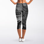 Monochrome Dinosaur Fossil Print Women's Capri Leggings