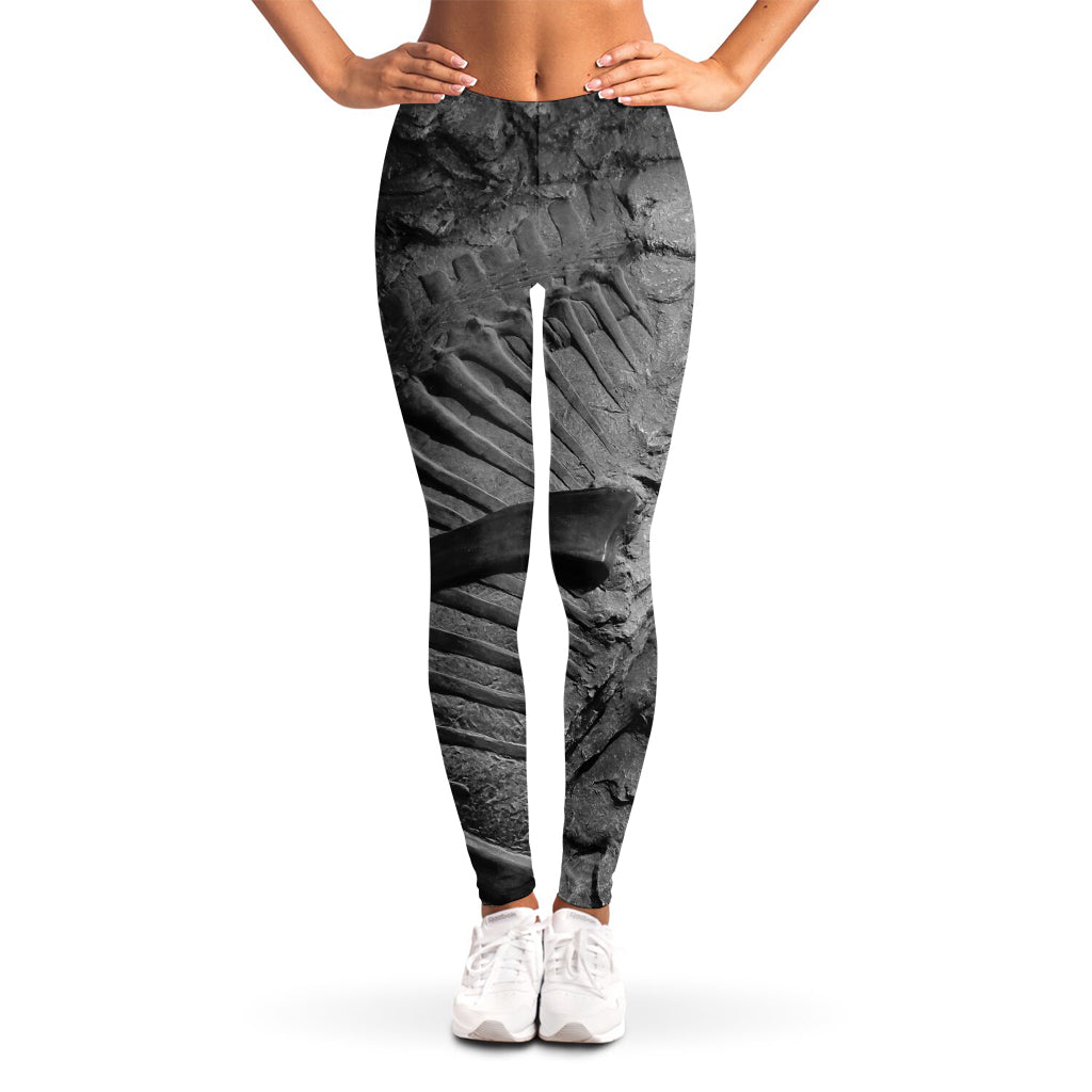 Monochrome Dinosaur Fossil Print Women's Leggings