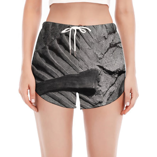 Monochrome Dinosaur Fossil Print Women's Split Running Shorts
