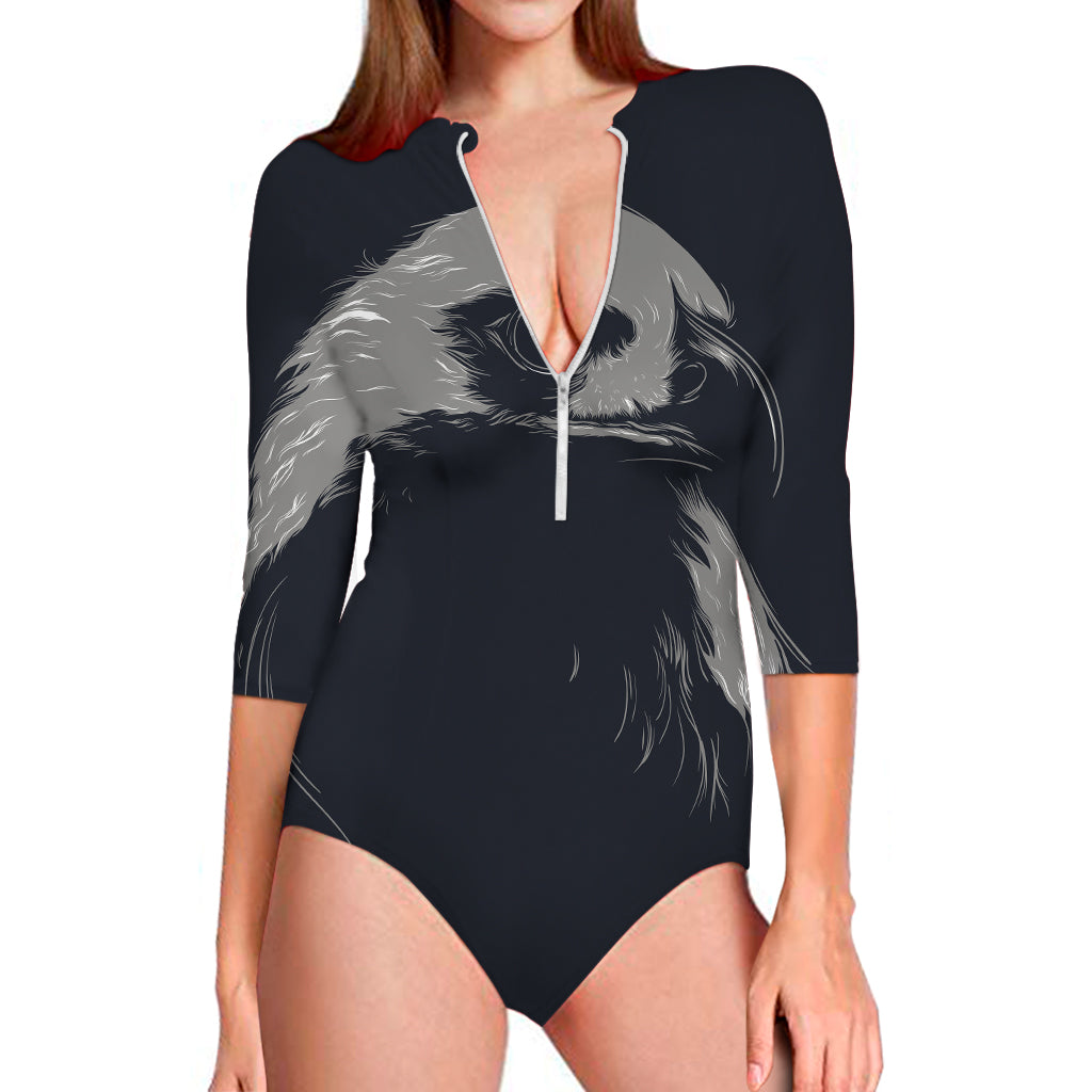 Monochrome Eagle Print Long Sleeve Swimsuit