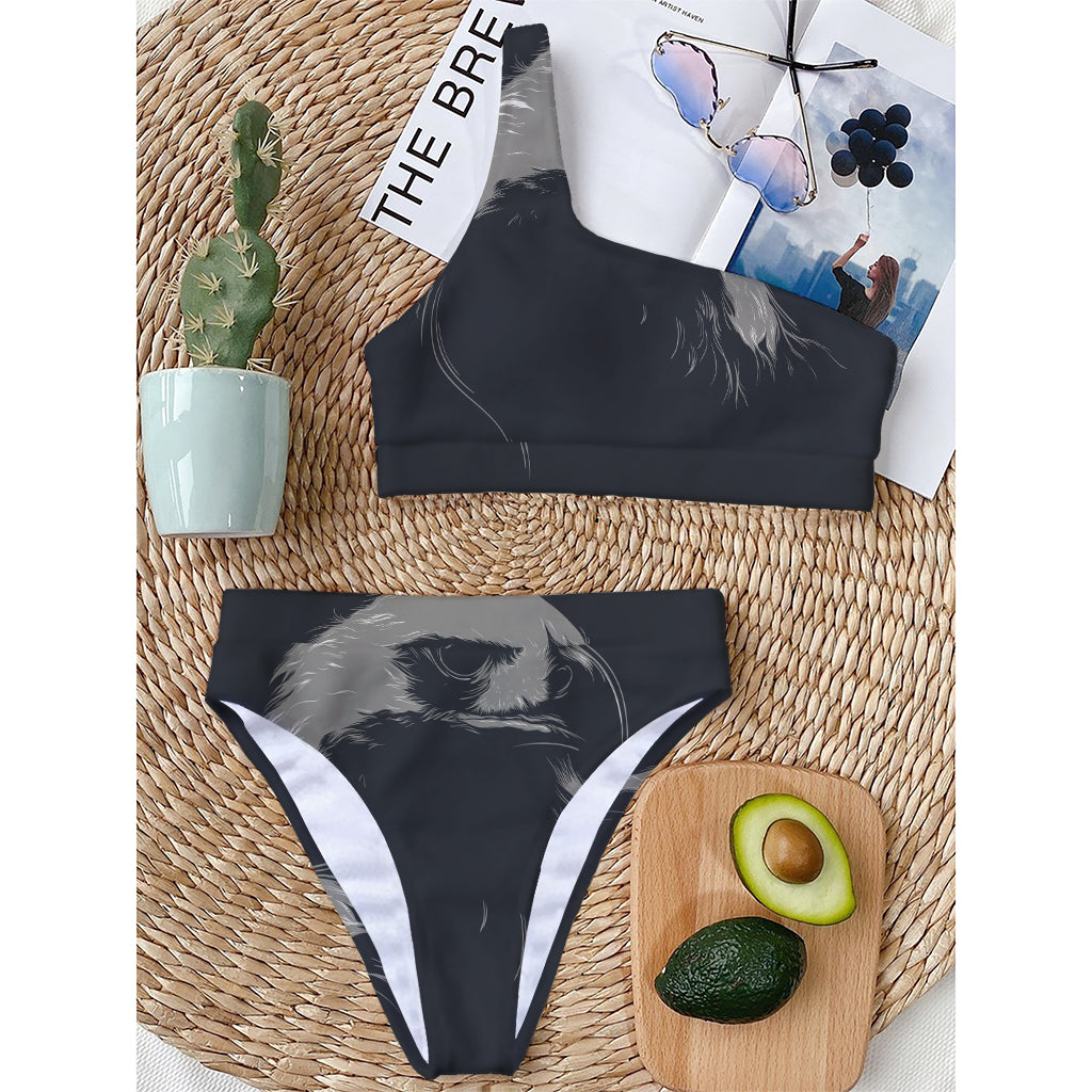Monochrome Eagle Print One Shoulder Bikini Top