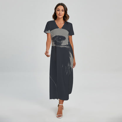 Monochrome Eagle Print Short Sleeve Maxi Dress