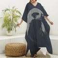 Monochrome Eagle Print Silk V-Neck Kaftan Dress