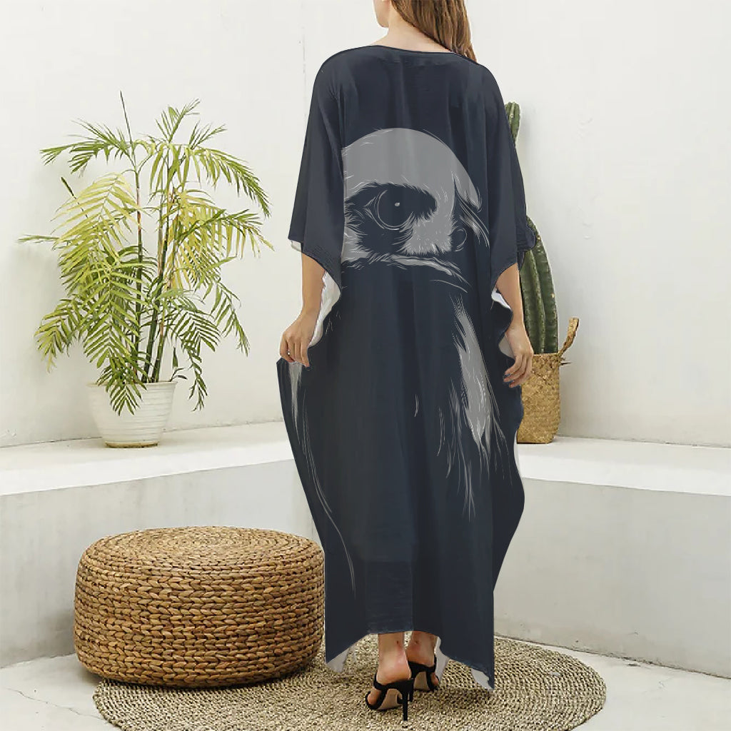 Monochrome Eagle Print Silk V-Neck Kaftan Dress