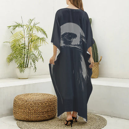 Monochrome Eagle Print Silk V-Neck Kaftan Dress