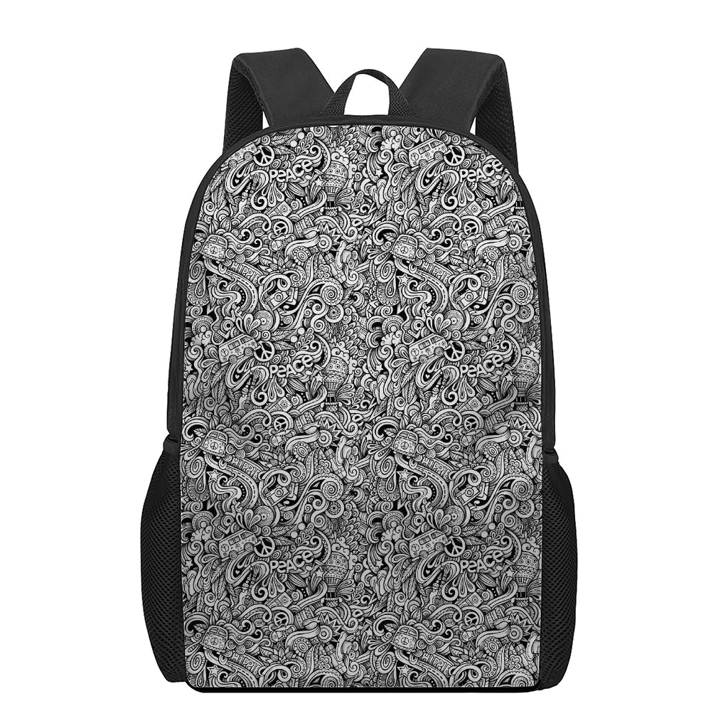 Monochrome Graffiti Hippie Pattern Print 17 Inch Backpack