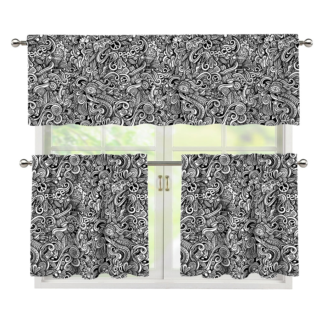 Monochrome Graffiti Hippie Pattern Print 3 Piece Kitchen Curtains