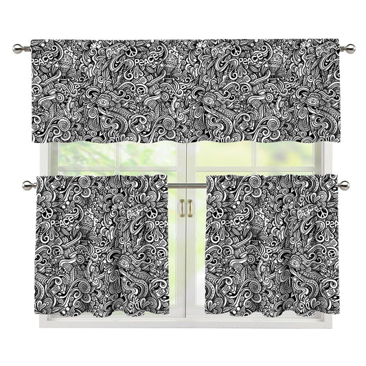 Monochrome Graffiti Hippie Pattern Print 3 Piece Kitchen Curtains