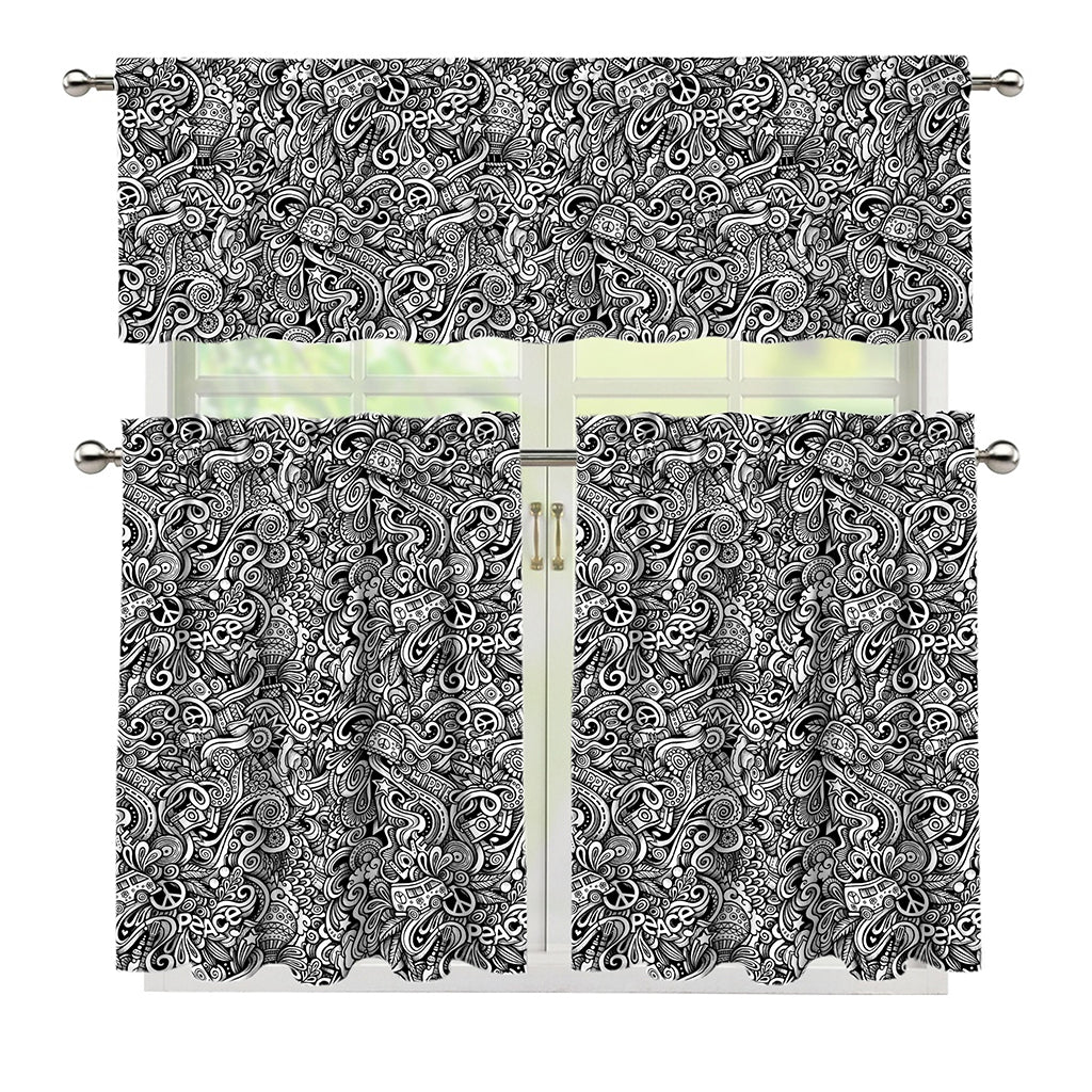 Monochrome Graffiti Hippie Pattern Print 3 Piece Kitchen Curtains