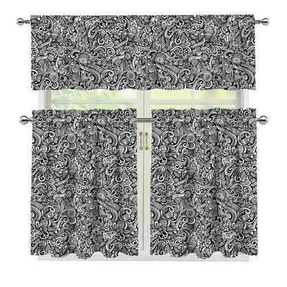 Monochrome Graffiti Hippie Pattern Print 3 Piece Kitchen Curtains