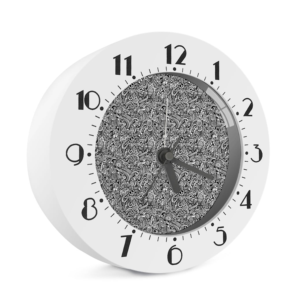 Monochrome Graffiti Hippie Pattern Print Alarm Clock