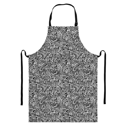 Monochrome Graffiti Hippie Pattern Print Bib Apron With Pocket