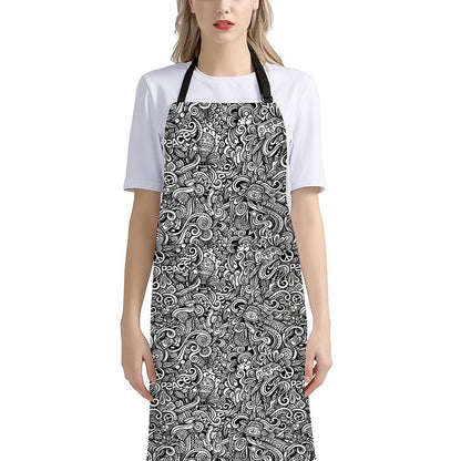 Monochrome Graffiti Hippie Pattern Print Bib Apron With Pocket