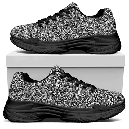Monochrome Graffiti Hippie Pattern Print Black Chunky Shoes