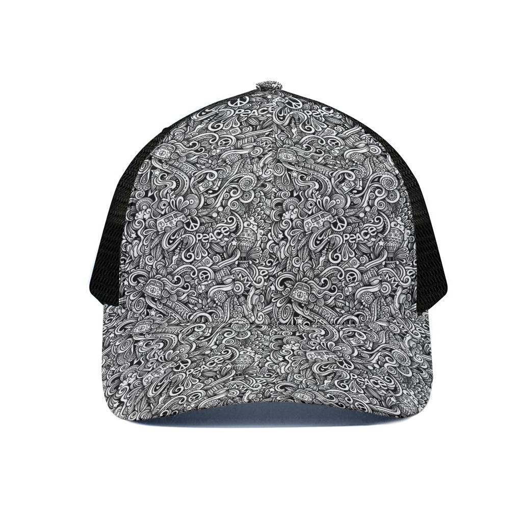 Monochrome Graffiti Hippie Pattern Print Black Mesh Trucker Cap