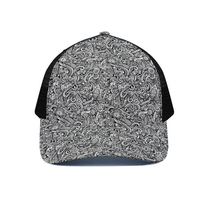 Monochrome Graffiti Hippie Pattern Print Black Mesh Trucker Cap