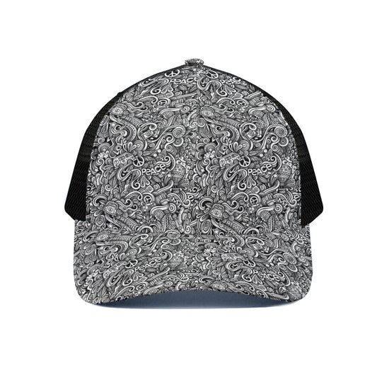 Monochrome Graffiti Hippie Pattern Print Black Mesh Trucker Cap