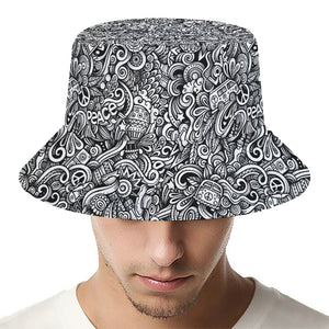 Monochrome Graffiti Hippie Pattern Print Bucket Hat