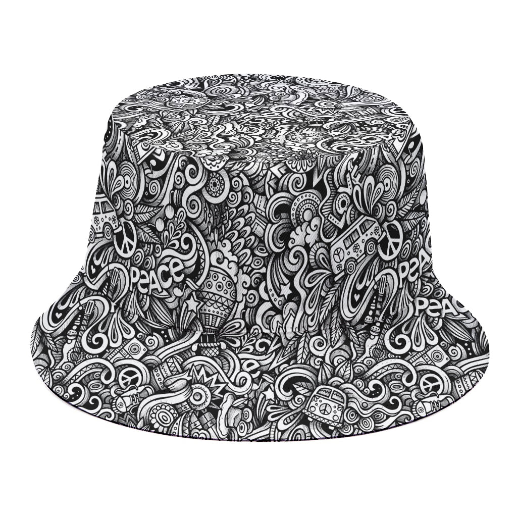 Monochrome Graffiti Hippie Pattern Print Bucket Hat