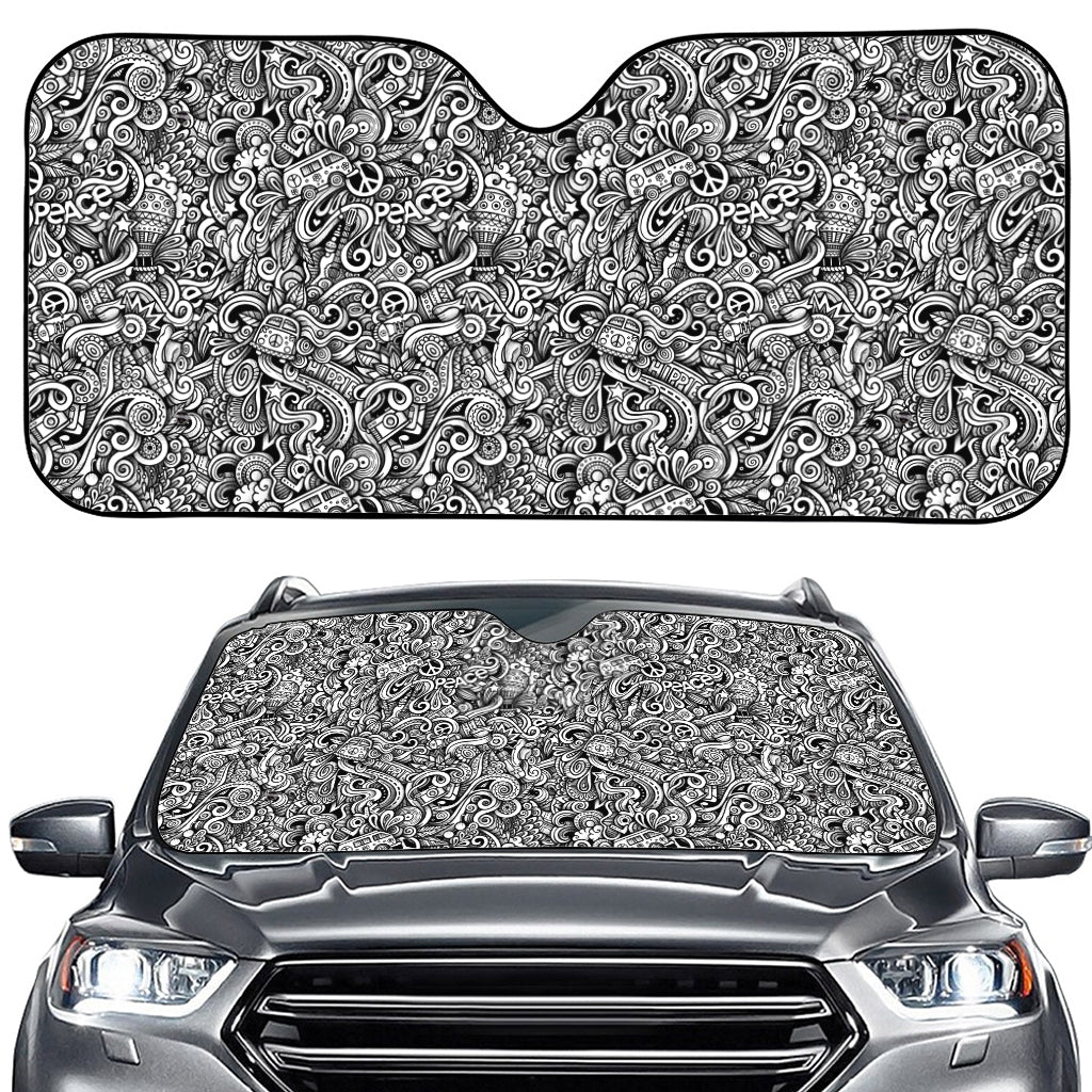 Monochrome Graffiti Hippie Pattern Print Car Windshield Sun Shade