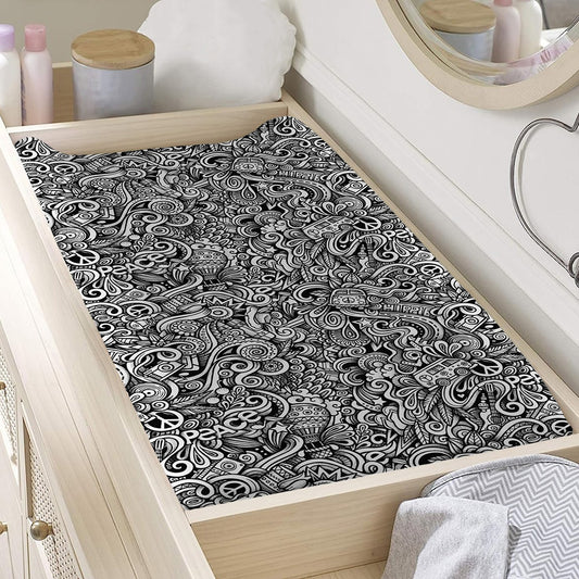 Monochrome Graffiti Hippie Pattern Print Changing Pad Cover